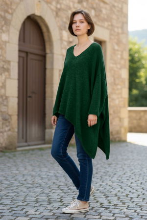 Pulovere & Cardigane masuri mari - Pulover pufos verde inchis, oversize cu colt si decolteu in V