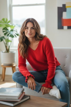 Pulovere - Pulover pufos cu alpaca, volane la maneci si decolteu in V – model casual chic, rosu