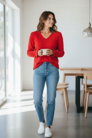 Pulover pufos cu alpaca, volane la maneci si decolteu in V – model casual chic, rosu [1]