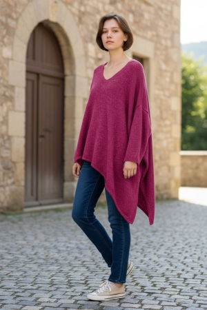 Pulovere & Cardigane masuri mari - Pulover pufos magenta, oversize cu colt si decolteu in V