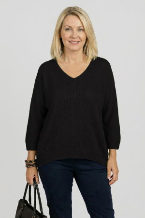 ÎMBRĂCĂMINTE - Pulover pufos negru cu decolteu in V si maneca fluture