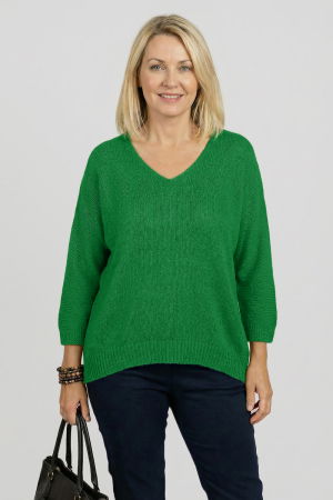 ÎMBRĂCĂMINTE - Pulover pufos verde cu decolteu in V si maneca fluture