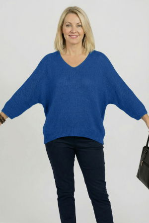 Pulover pufos albastru cu decolteu in V si maneca fluture [1]