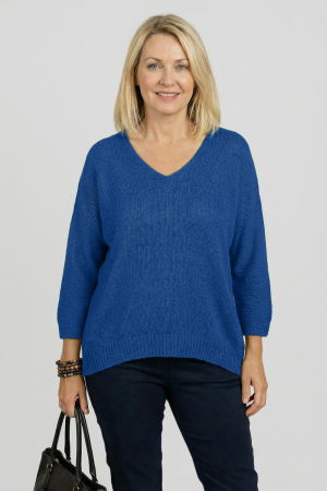 ÎMBRĂCĂMINTE - Pulover pufos albastru cu decolteu in V si maneca fluture