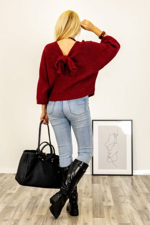 Pulover reversibil bordo, oversize cu funda si maneca fluture [4]