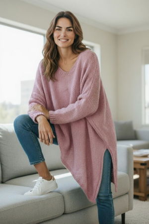 Pulovere - Pulover pufos roz, oversize cu colt si decolteu in V