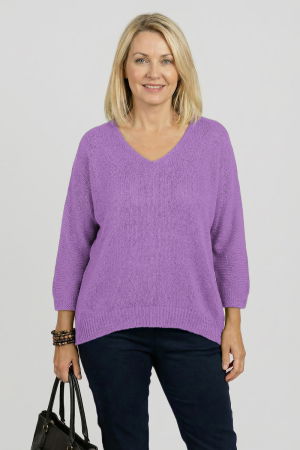 Pulovere & Cardigane masuri mari - Pulover pufos mov deschis cu decolteu in V si maneca fluture