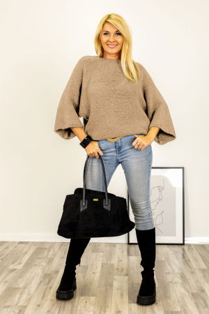 Pulover reversibil camel, oversize cu funda si maneca fluture [2]