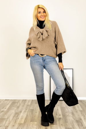 Pulovere și Cardigane de Damă - Pulover reversibil camel, oversize cu funda si maneca fluture