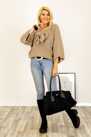 Pulover reversibil camel, oversize cu funda si maneca fluture [1]