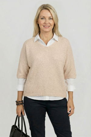 Pulover pufos cu alpaca, oversize cu maneca fluture, bej [2]