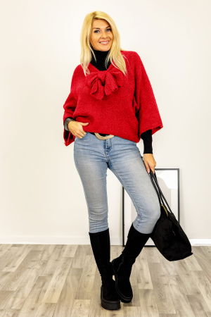 Pulovere și Cardigane de Damă - Pulover reversibil rosu, oversize cu funda si maneca fluture