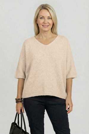 Pulovere - Pulover pufos cu alpaca, oversize cu maneca fluture, bej