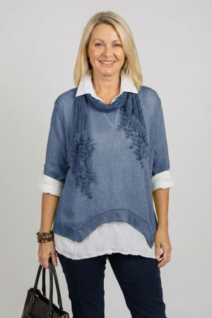 Pulovere - Pulover si camasa trei in unu, cu tricotaj lana si mohair, camasa din bumbac si esarfa cu franjuri dantelati, albastru jeans