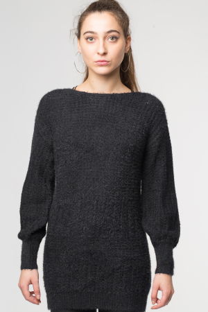 Pulovere - Pulover negru slylish lung cu decolteu si funde la spate