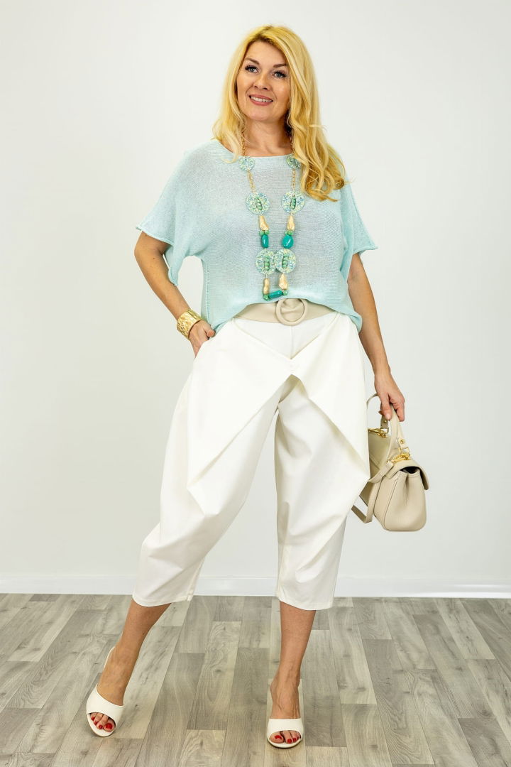 Bluza din bumbac tricotat cu maneca scurta kimono, verde menta [3]