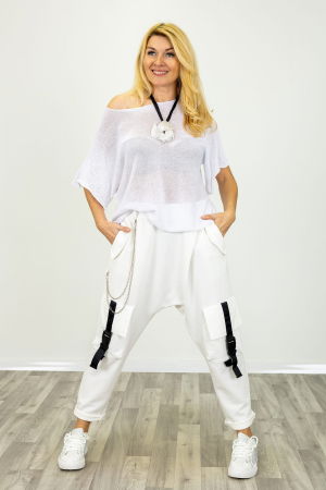 Pulovere și Cardigane de Damă - Bluza din bumbac tricotat cu maneca scurta kimono, alb