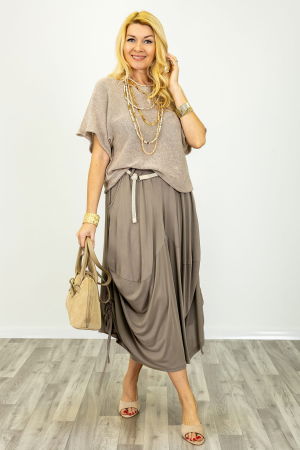 Pulovere - Bluza din bumbac tricotat cu maneca scurta kimono, bej inchis