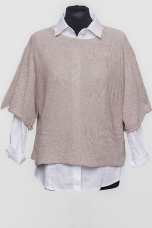 Pulovere și Cardigane de Damă - Pulover subtire si versatil cu maneca cazuta din bumbac, bej inchis