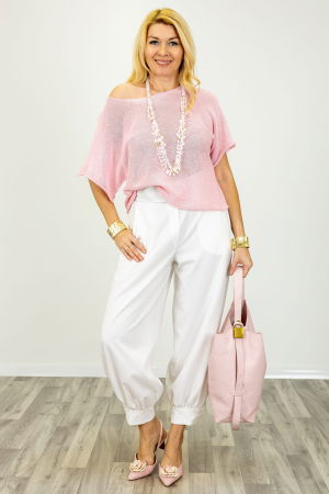 Bluza din bumbac tricotat cu maneca scurta kimono, roz pal [3]