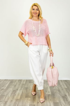 Bluza din bumbac tricotat cu maneca scurta kimono, roz pal [2]