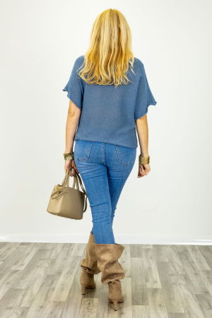 Bluza din bumbac tricotat cu maneca scurta kimono, albastru jeans [4]