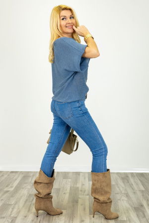 Bluza din bumbac tricotat cu maneca scurta kimono, albastru jeans [3]