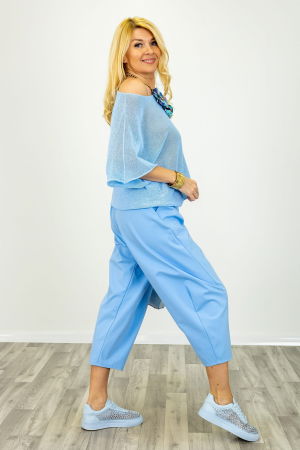 Bluza din bumbac tricotat cu maneca scurta kimono, bleu [2]