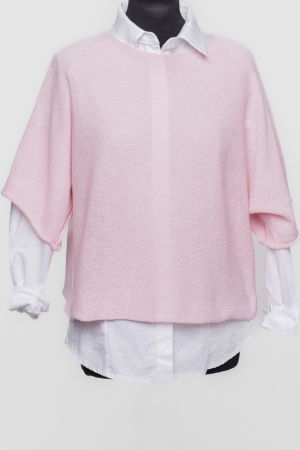 Bluza din bumbac tricotat cu maneca scurta kimono, roz pal [5]