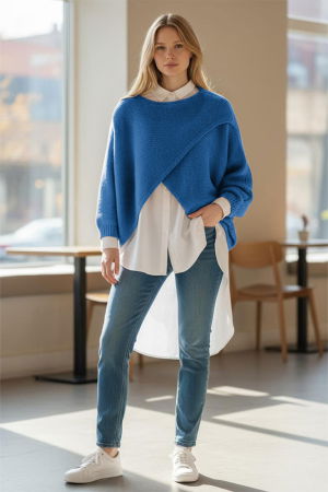 Pulovere - Pulover tip poncho petrecut asimetric, cu lana, albastru