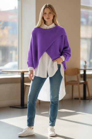 Pulovere - Pulover tip poncho petrecut asimetric, cu lana, mov