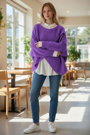 Pulover tip poncho petrecut asimetric, cu lana, mov [1]