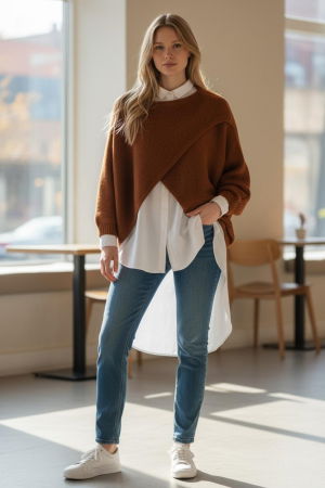 Pulovere - Pulover tip poncho petrecut asimetric, cu lana, caramiziu