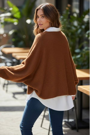 Pulover tip poncho petrecut asimetric, cu lana, caramiziu [1]