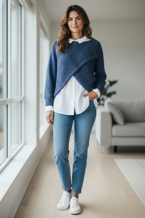 Pulovere - Pulover tip poncho petrecut asimetric, cu lana, albastru