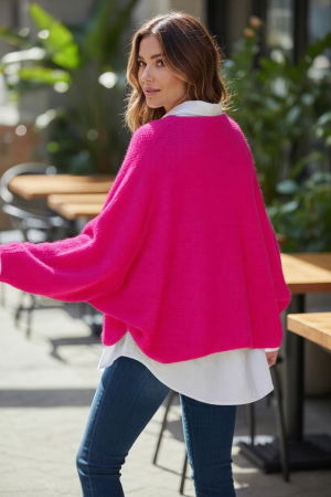 Pulover tip poncho petrecut asimetric, cu lana, fucsia [1]