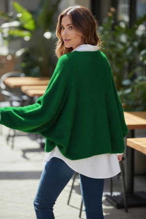 Pulover tip poncho petrecut asimetric, cu lana, verde [1]
