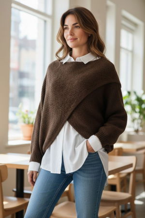 Pulovere - Pulover tip poncho petrecut asimetric, cu lana, maro