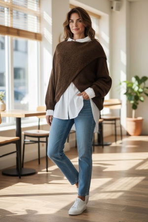 Pulover tip poncho petrecut asimetric, cu lana, maro [1]