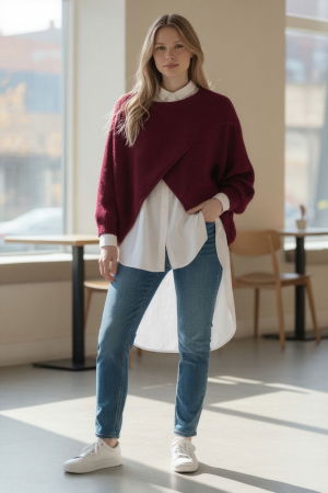 Pulovere - Pulover tip poncho petrecut asimetric, cu lana, bordo