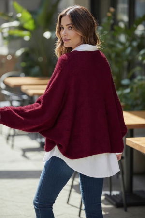 Pulover tip poncho petrecut asimetric, cu lana, bordo [1]