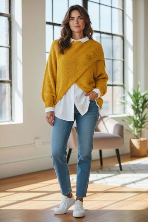 Pulovere - Pulover tip poncho petrecut asimetric, cu lana, galben mustar