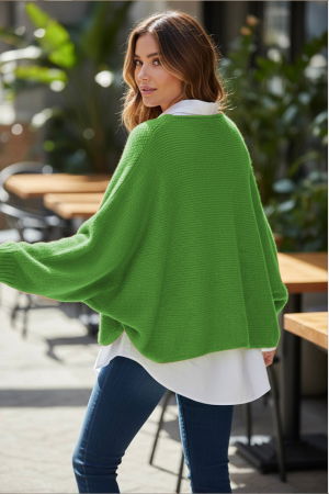 Pulover tip poncho petrecut asimetric, cu lana, verde praz [2]