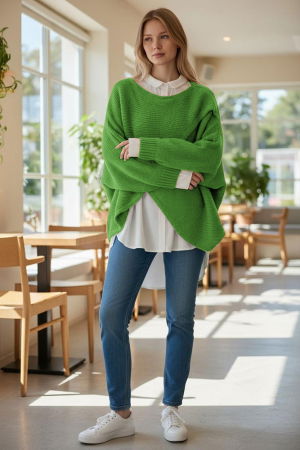 Pulover tip poncho petrecut asimetric, cu lana, verde praz [1]