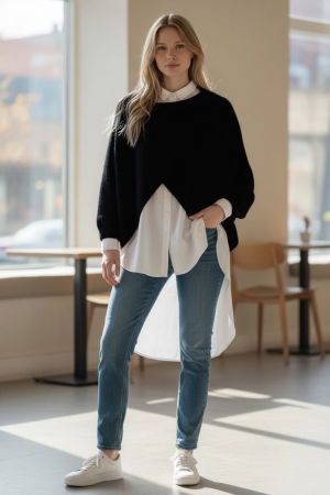 ÎMBRĂCĂMINTE - Pulover tip poncho petrecut asimetric, cu lana, negru