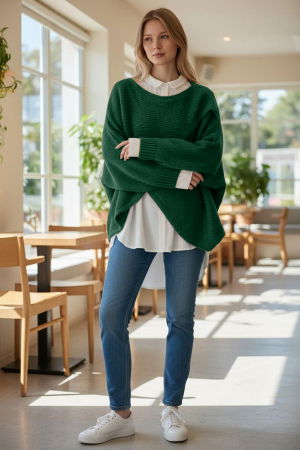 Pulover tip poncho petrecut asimetric, cu lana, verde inchis [1]