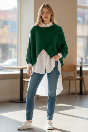 Pulovere - Pulover tip poncho petrecut asimetric, cu lana, verde inchis