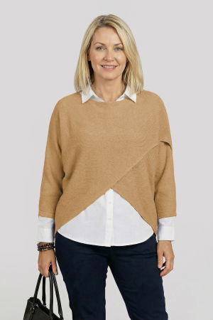 Îmbracaminte Noutați - Pulover tip poncho petrecut asimetric, camel