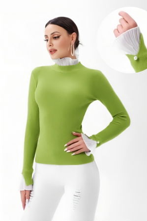 Pulovere - Pulover verde oliv cu volanas plisat la maneca si la gat