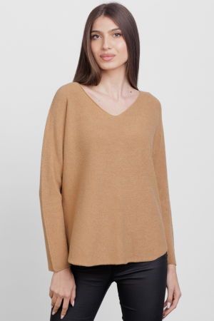Pulover versatil cu decolteu V, din vascoza, camel [1]